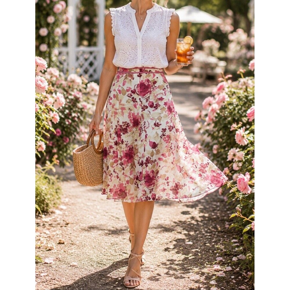 Floral Skirt 12 Cotton Pink Cream Fit Flair Knee Length Cottagecore Coquette